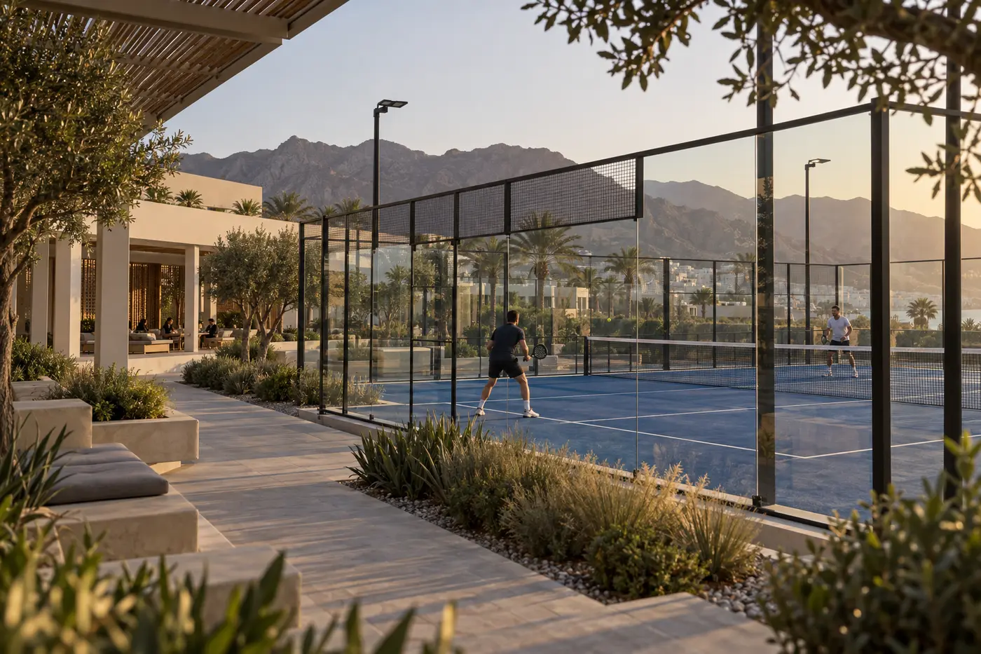 Concept study: padel courts beside a shaded clubhouse with mountains behind