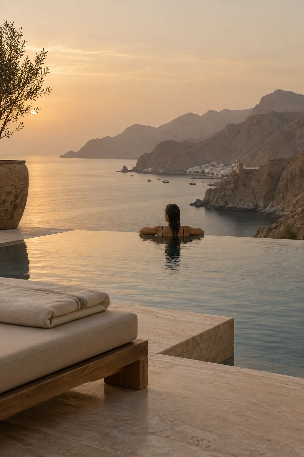 Concept study: a guest in an infinity pool overlooking the Gulf of Oman at sunset