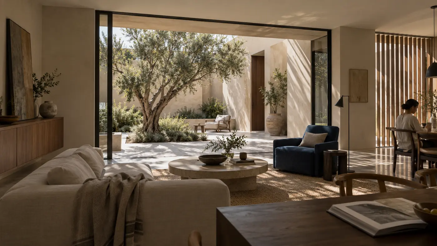 Concept study: a modern villa living room opening onto a courtyard with an olive tree