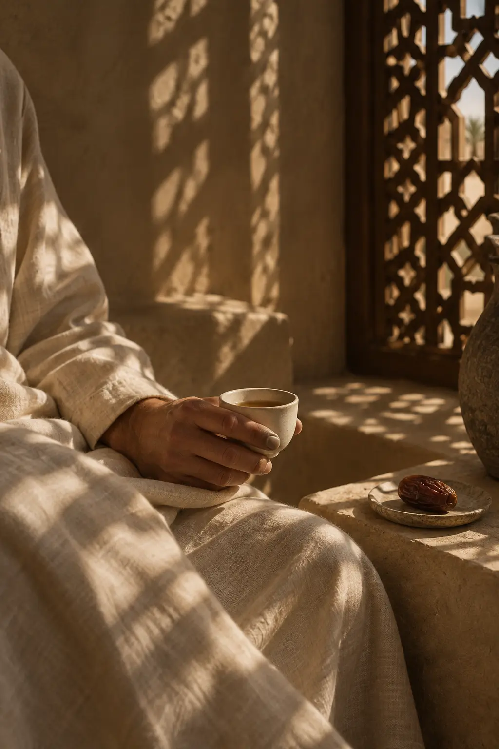 Concept study: a guest holding a cup of kahwa in the shade of a mashrabiya
